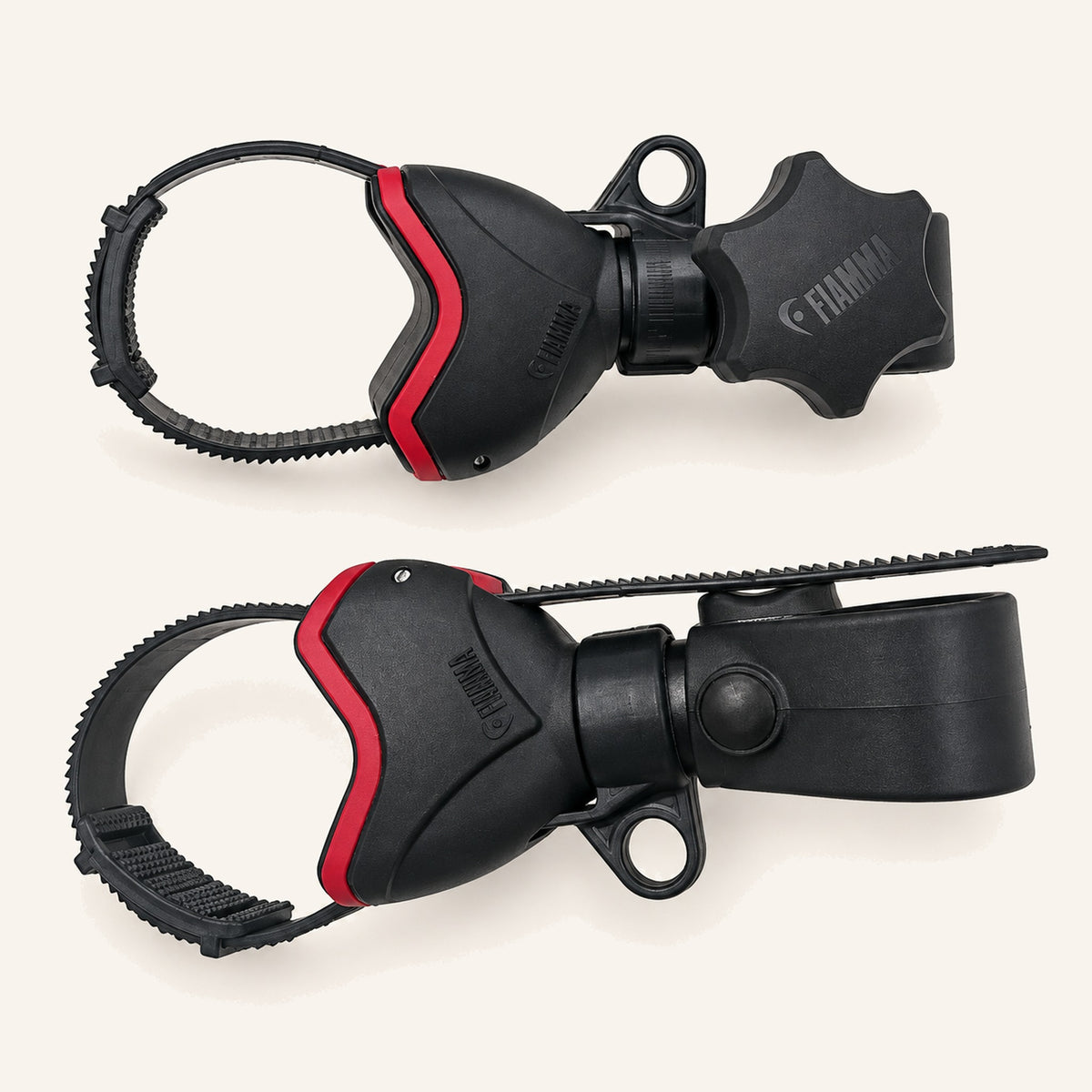 Two Fiamma bike frame clamps with red protective pads, adjustable straps and mounting fittings