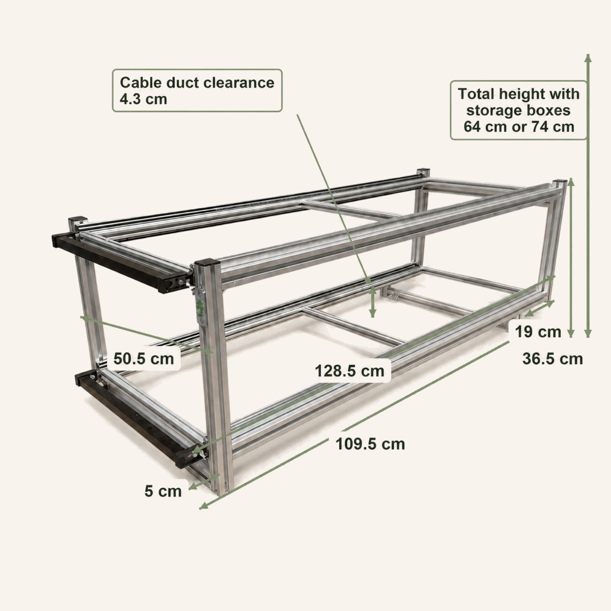 Dimensions du module coulissant double au-dessus d’une goulotte, hauteur totale de 64 ou 74 cm