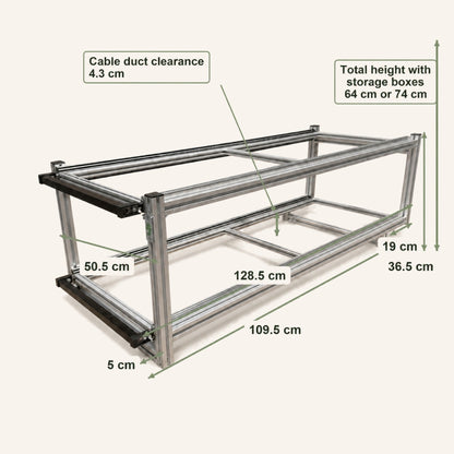 Dimensions du module coulissant double au-dessus d’une goulotte, hauteur totale de 64 ou 74 cm