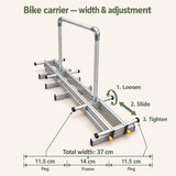 Bike carrier width and adjustment: total width 37 cm, frame 14 cm and pegs 11.5 cm each side. Loosen, slide and tighten to adjust the pegs.