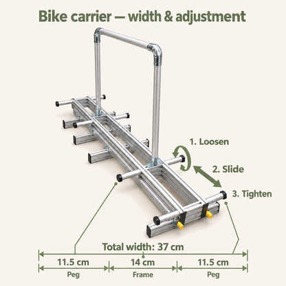 Bike carrier width and adjustment: total width 37 cm, frame 14 cm and pegs 11.5 cm each side. Loosen, slide and tighten to adjust the pegs.