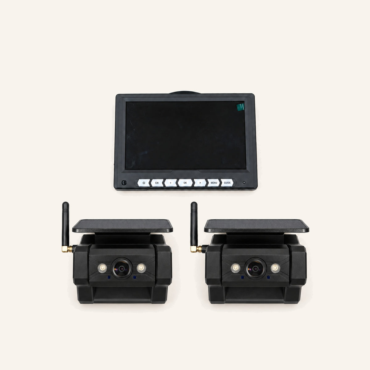 Kampfinity camerasysteem met 7-inch monitor en 2 zwarte magnetische zonnecamera’s