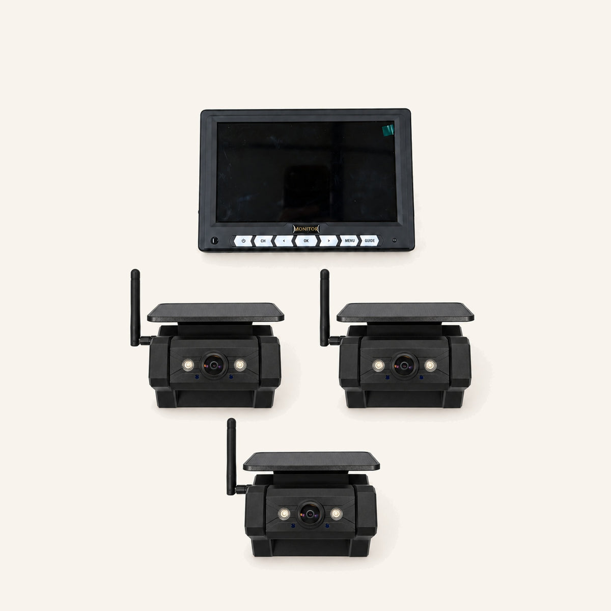 Kampfinity camerasysteem met 7-inch monitor en 3 zwarte magnetische zonnecamera’s