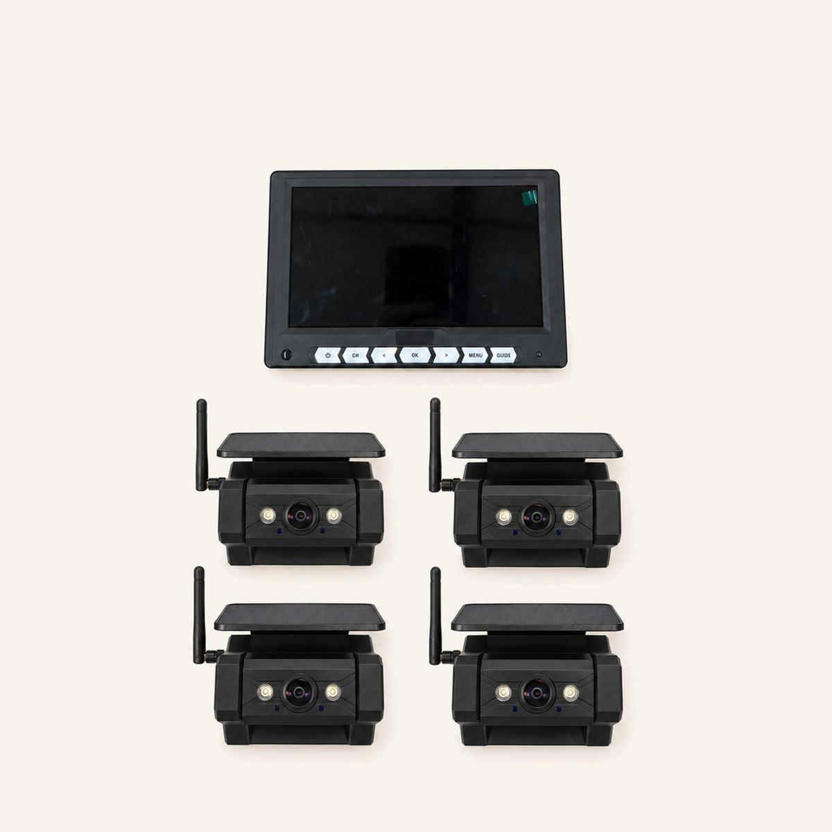 Kampfinity camerasysteem met 7-inch monitor en 4 zwarte magnetische zonnecamera’s