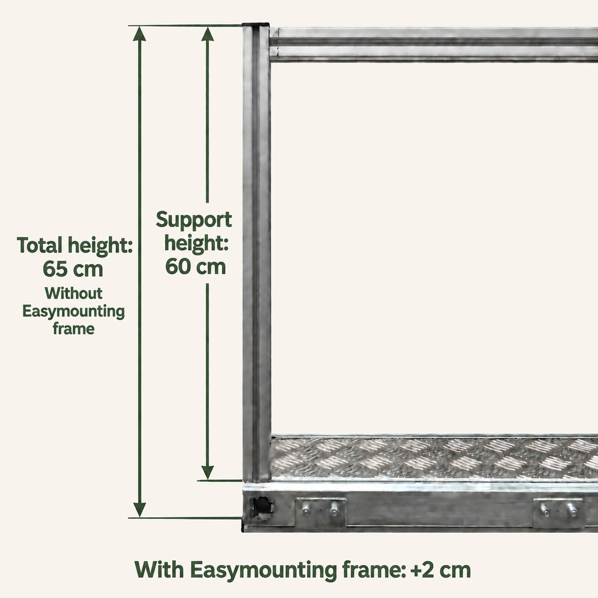 Campervan tafel- en stoelenschuif: beugel 60 cm, totale hoogte 65 cm en optioneel Easymounting frame plus 2 cm.