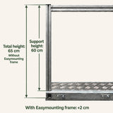 Campervan tafel- en stoelenschuif: beugel 60 cm, totale hoogte 65 cm en optioneel Easymounting frame plus 2 cm.